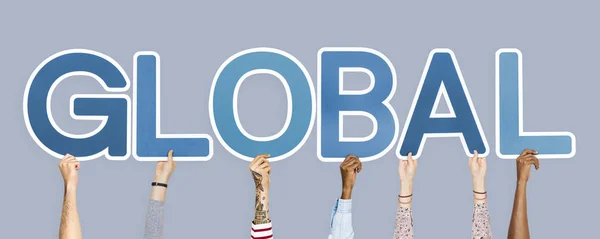 Hands Holding Blue Letters Forming Word Global — Stock Photo, Image