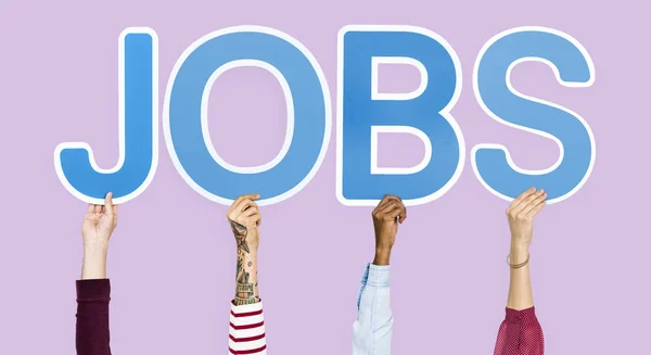 Hände Halten Blaue Buchstaben Hoch Die Das Wort Jobs Bilden — Stockfoto