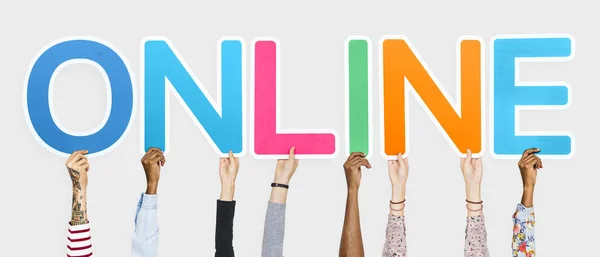 Hands Holding Colorful Letters Forming Word Online — Stock Photo, Image