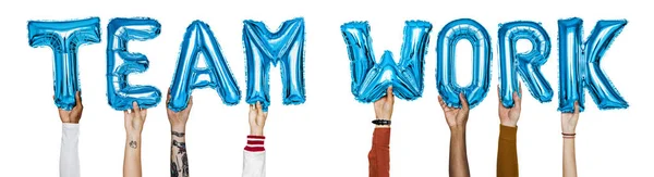 Balões Hélio Alfabeto Azul Formando Trabalho Equipe Texto — Fotografia de Stock
