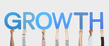 Word büyüme oluşturan mavi mektupları holding eller