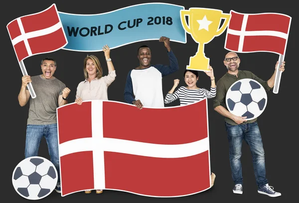 Разнообразные Футбольные Болельщики Флагом Дании — стоковое фото