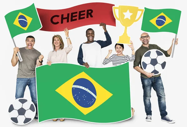 Diverse Football Fans Holding Flag Brazil — Stock Photo, Image