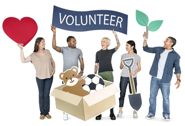 Mutlu Farklı Kişi Gönüllü Afiş Tutarak — Stok fotoğraf