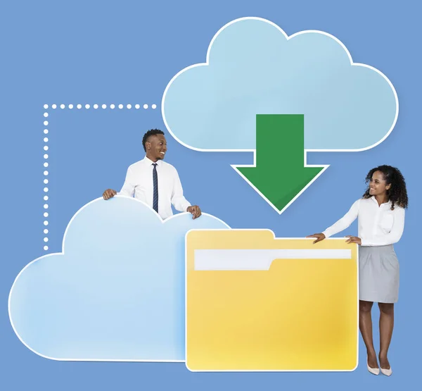 Affärsmän Att Hämta Data Från Cloud Ikonen — Stockfoto