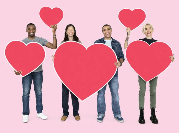 Happy Diverse People Holding Hearts — Stock Photo, Image