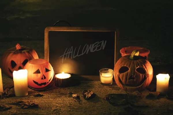 Halloween Pumpkins Candles Blackboard — Stock Photo, Image