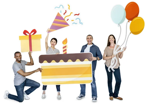Happy Diverse People Holding Birthday Cake — Stock Photo, Image