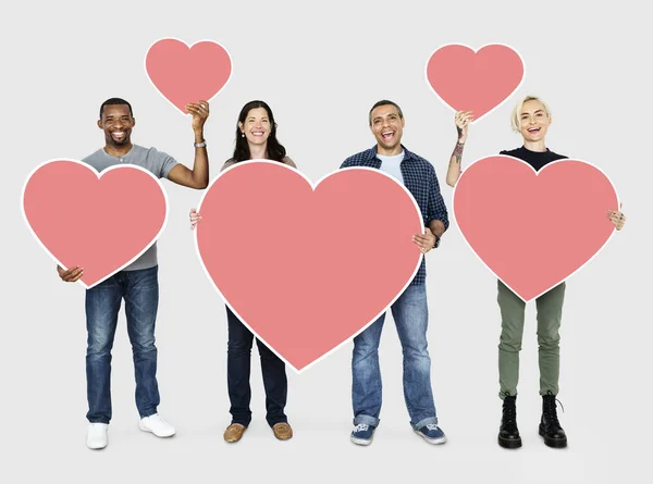 Happy Diverse People Holding Hearts — Stock Photo, Image