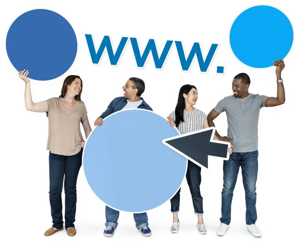 Happy Diverse People Holding Internet Icons — Stock Photo, Image