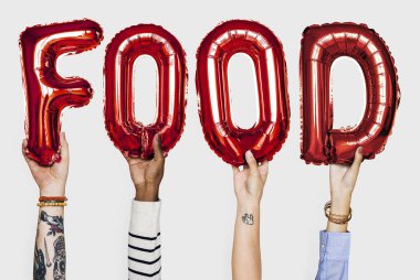 Gıda balonlar kelime gösteren eller