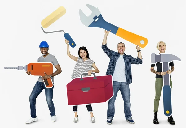 Cheerful Diverse People Holding Tools — Stock Photo, Image