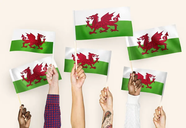 Mãos Agitando Bandeiras País Gales — Fotografia de Stock