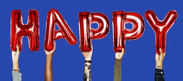 Ręce Pokazano Szczęśliwy Balony Word — Zdjęcie stockowe