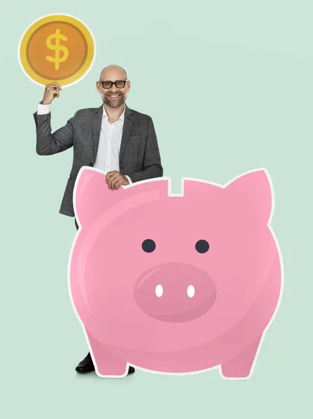 Biznesmen Oszczędności Piggy Bank — Zdjęcie stockowe