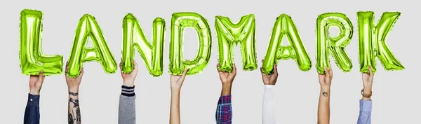 Hands Showing Landmark Balloons Word — Stock Photo, Image