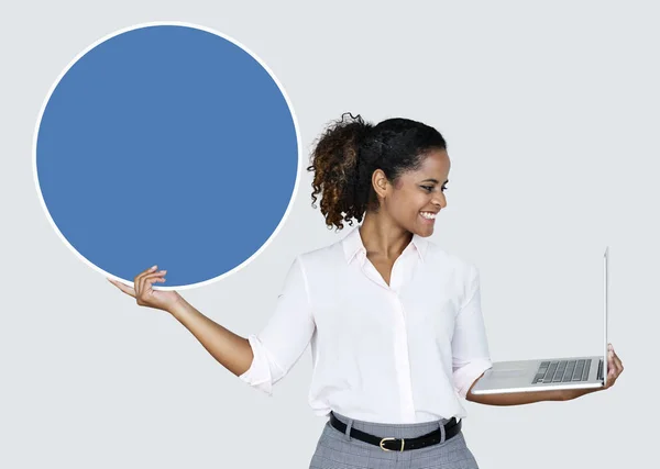 Mujer Feliz Llevando Cuaderno Una Tabla Azul —  Fotos de Stock