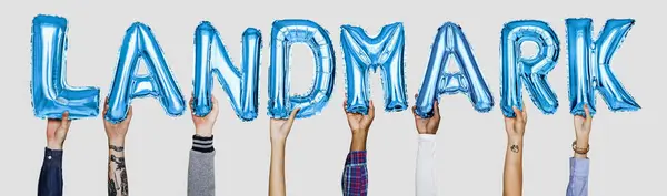Hands Showing Landmark Balloons Word — Stock Photo, Image