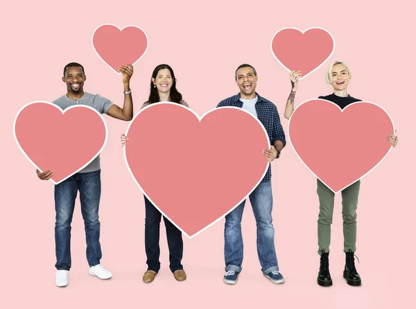 Happy Diverse People Holding Hearts — Stock Photo, Image