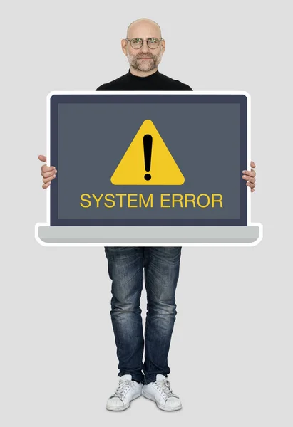 Hombre Sosteniendo Ordenador Portátil Con Error Del Sistema —  Fotos de Stock