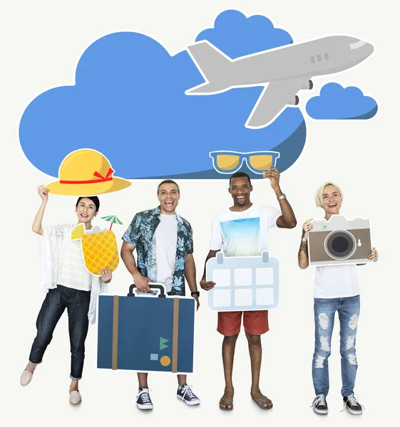 Happy Diverse People Holding Travel Icons — Stock Photo, Image