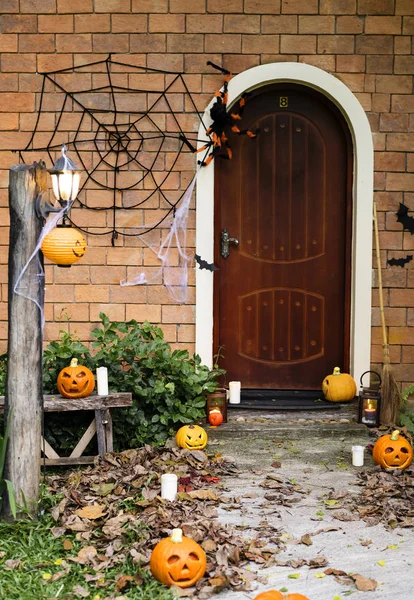 Abóboras Halloween Decorações Fora Uma Casa — Fotografia de Stock