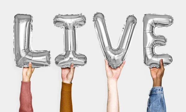Mãos Mostrando Palavra Balões Vivos — Fotografia de Stock
