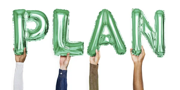 Green Alphabet Helium Balloons Forming Text Plan — Stock Photo, Image