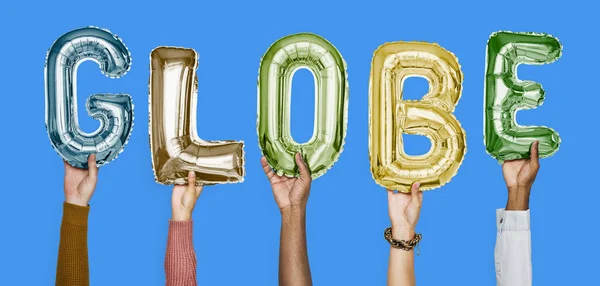 Hands Showing Globe Balloons Word — Stock Photo, Image