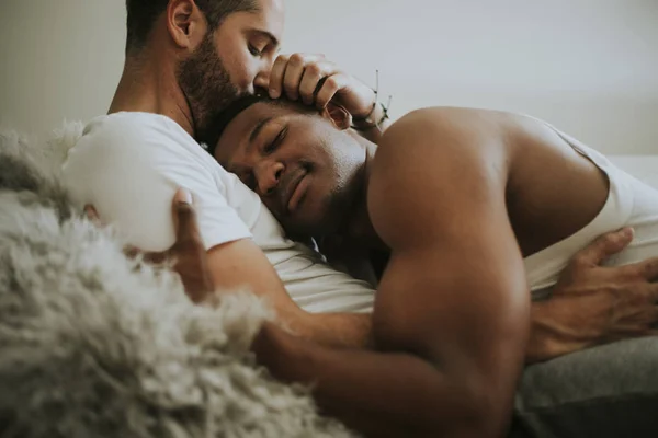 Gay Couple Cuddling Bed — Stock Photo, Image