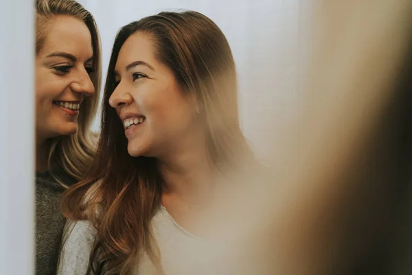 Reflection Two Happy Girls — Stock Photo, Image