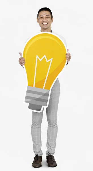 Kreativer Mann Zeigt Glühbirnen Ikone — Stockfoto