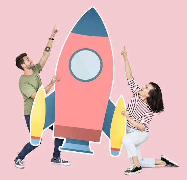 Shooting Für Technologie Und Innovationskonzept Mit Einer Rakete Ikone — Stockfoto
