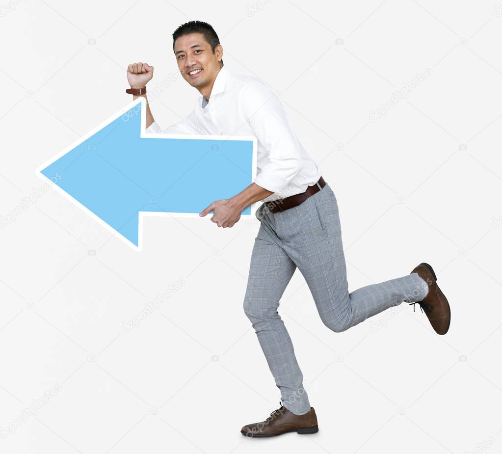 Man running with a blue arrow
