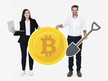 Bitcoin cryptocurrency ve araştırma kavramı simgeler holding iş adamları