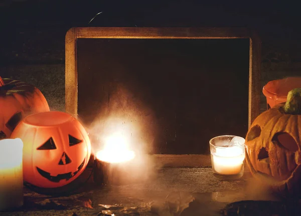 Zucche Candele Halloween Con Lavagna — Foto Stock