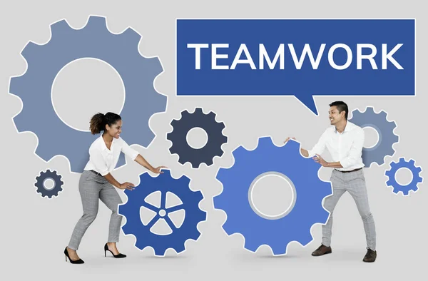 Business People Gears Focusing Teamwork Grey Backdrop — Stock Photo, Image