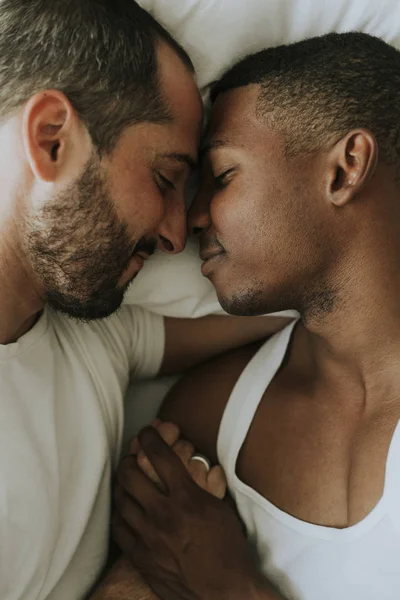 Gay Couple Cuddling Bed — Stock Photo, Image