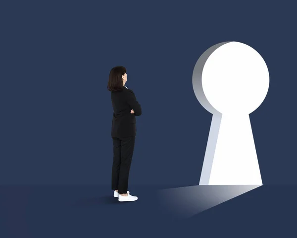 Business Woman Standing Front Huge Keyhole Blue Backdrop — стоковое фото