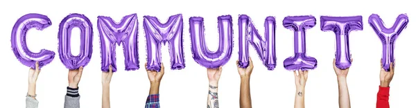 Purple Alphabet Balloons Forming Word Community — Stock Photo, Image