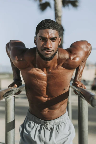 Man Doing Push Ups Bars — Stock Photo, Image