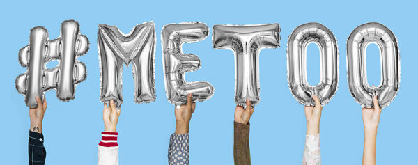 Silver gray alphabet balloons forming the word #metoo