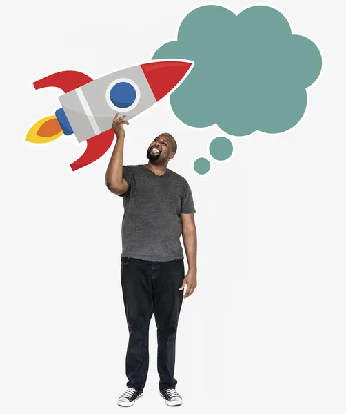 Creatieve Man Met Een Lancering Raket Symbool — Stockfoto