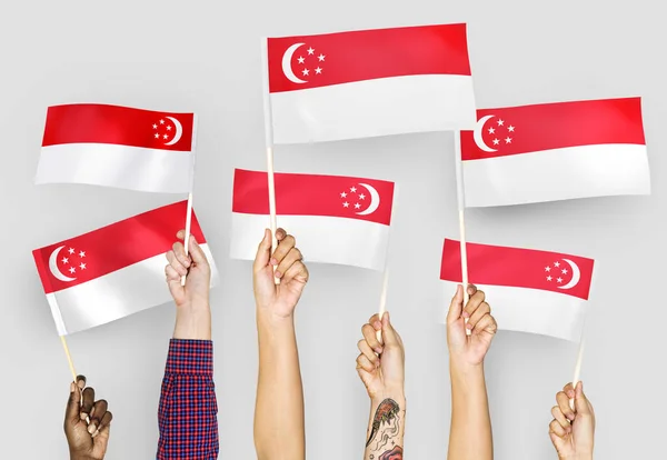 Руки Размахивают Флагами Сингапура — стоковое фото