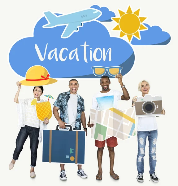 Happy Diverse People Holding Travel Icons — Stock Photo, Image