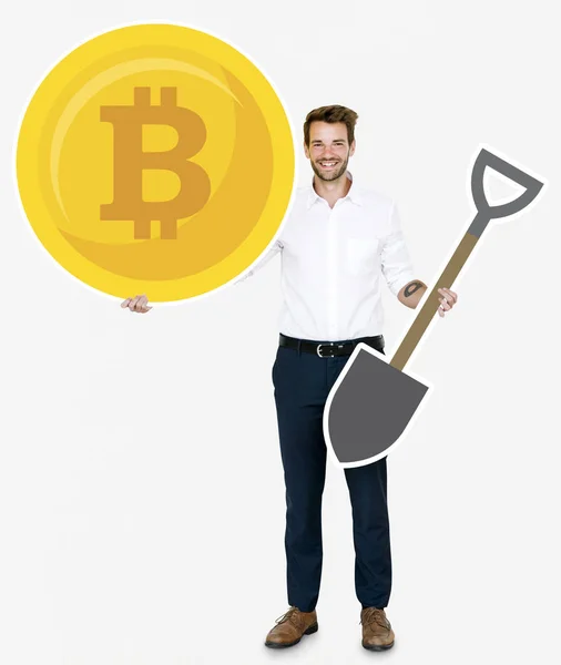 Geschäftsmann Hält Kryptowährung Bitcoin Und Mining Konzept Symbole — Stockfoto