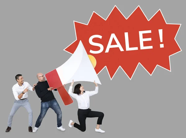 Business People Screaming Sale Megaphone Icon Grey Backdrop — Stock Photo, Image