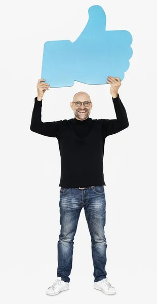 Sonriente Hombre Sosteniendo Pulgar Hacia Arriba Icono Aislado Blanco — Foto de Stock