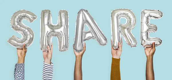 Manos Mostrando Palabra Compartir Globos — Foto de Stock