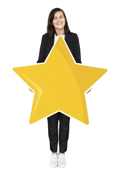 Empresaria Sosteniendo Símbolo Calificación Estrella Dorada — Foto de Stock